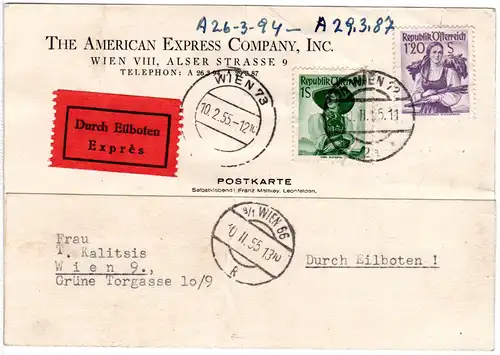 Österreich 1955, 1+1,20 S. auf Eilboten Rohrpost Karte v. Wien