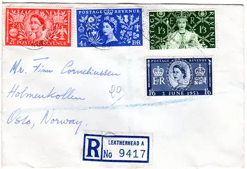GB 1953, Krönung kpl. auf Leatherhead Reko Brief m. Ersttagsstempel! FDC!