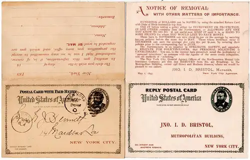 USA 1893, v. New York gebr. 1 C. Doppelkarte mit Zudruck.