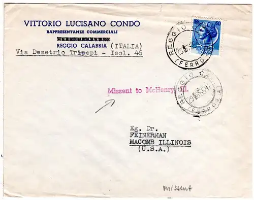 Italien 1951, Missent to McHenry Ill. auf Firmenbrief v. Reggio n. USA
