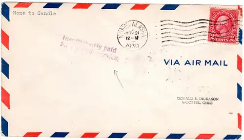 USA 1930, 2 C on cover from Nome Alaska with Insufficiently Prepaid for Air Mail
