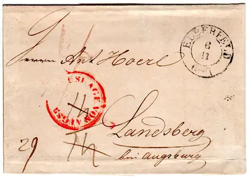 Preussen 1839, K2 ELBERFELD u. AUSLAGE VON AUGSBURG in rot auf Brief n. Bayern