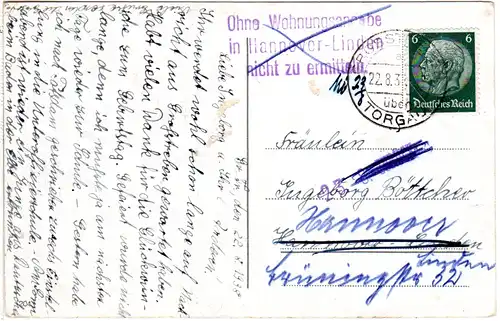 DR 1938, Hannover-Linden Hinweisstpl. Ohne Wohnungsan.. auf Karte v. Grosstreben