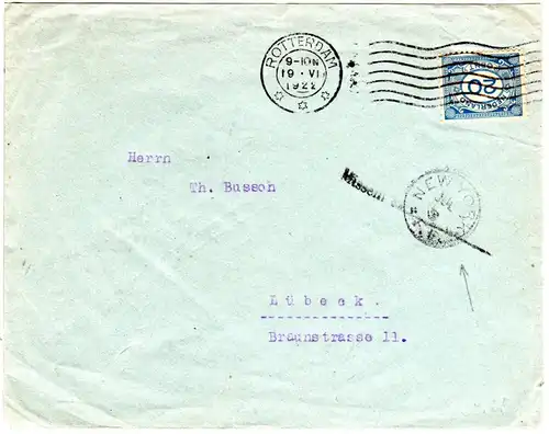 NL 1922, 20 C. auf Brief v. Rotterdam n. Lübeck m. USA Missent to ...NEW YORK