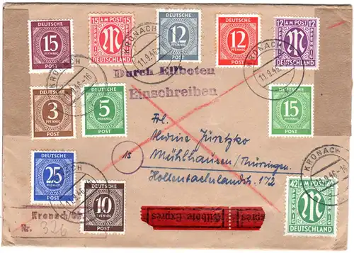 1946, 11 Marken auf Einschreiben-Eilboten Brief v. Kronach n. Thüringen