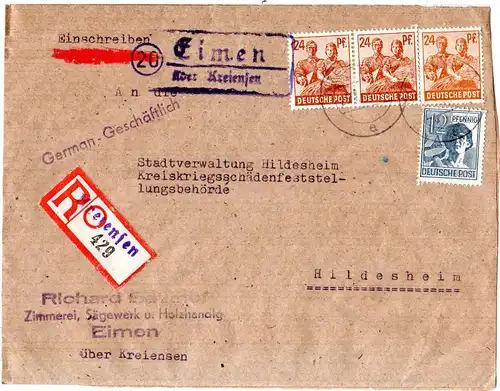 1947, Landpost Stpl. 20 EIMEN über Kreiensen auf Einschreiben Brief m. 4 Marken