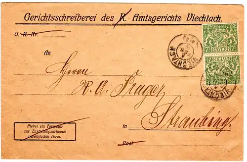 Bayern 1919, MeF 2x 7 1/2 Pf. Dienst auf Brief v. VIECHTACH . Geprüft