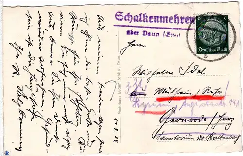 DR 1939, Landpoststempel SCHALKENMEHREN über Daun auf AK m. 6 Pf. 