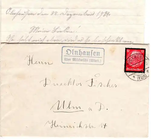 DR 1934, Landpoststempel OLNHAUSEN über Möckmühl auf Brief m. 12 Pf. 