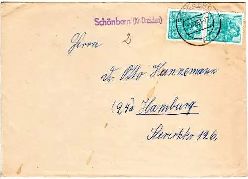 DDR 1961, L1 Landpoststempel SCHÖNBORN (Kr. Dresden) auf Brief m. 2x10 Pf. 