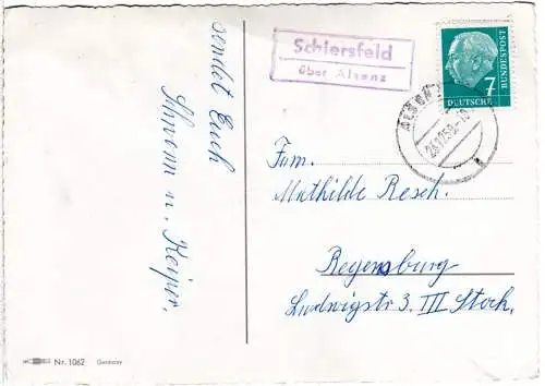 BRD 1959, Landpost Stpl. SCHIERSFELD über Alsenz auf Karte m. 7 Pf. 