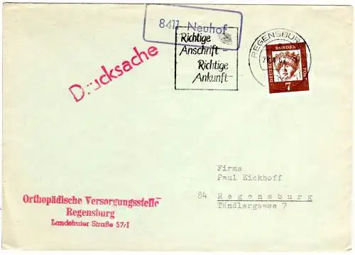 BRD 1962, Landpost Stpl. 8411 NEUHOF auf Drucksache m. 7 Pf. n. Regensburg.