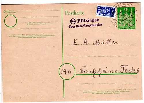 BRD 1950, Landpoststempel 14a Pfitzingen über Bad Mergentheim auf Ganzsache 