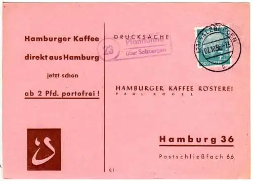 BRD 1956, Landpost Stpl. 23 PLANTLÜNNE über Salzbergen auf Karte m. 7 Pf. 