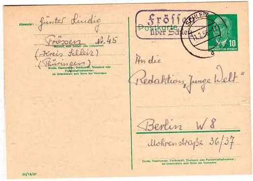 DDR 1956, Landpoststempel FRÖSSEN über Schleiz auf 10 Pf. Ganzsache.