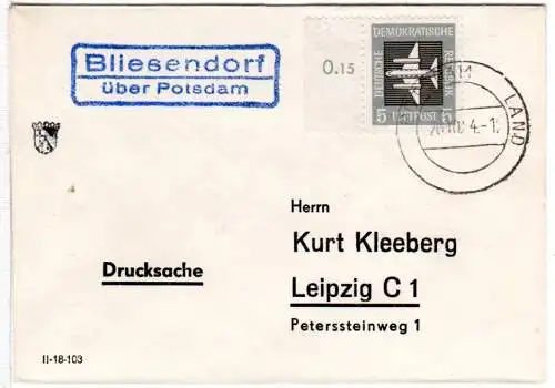 DDR 1964, Landpoststempel BLIESENDORF über Potsdam auf Drucksache Brief m. 5 Pf.