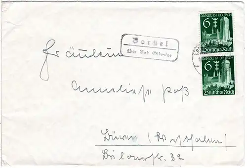 DR 1939, Landpoststempel BORSTEL über Bad Oldeslohe auf Brief m. 2x6 Pf. Danzig