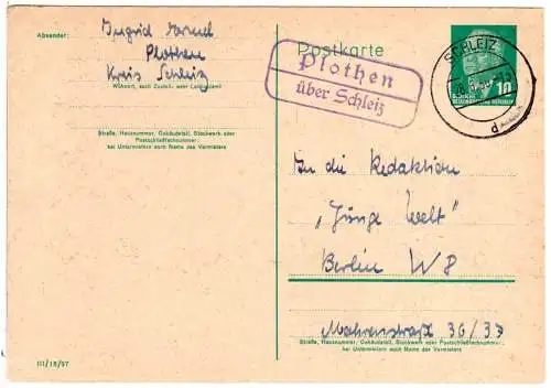 DDR 1956, Landpoststempel PLOTHEN über Schleiz auf 10 Pf. Ganzsache.