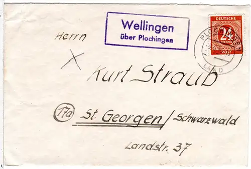 1946, Landpoststempel WELLINGEN über Plochingen auf Brief m. 24 Pf.