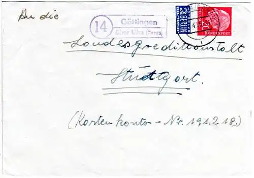 BRD 1955, Landpoststempel 14 GÖTTINGEN über Ulm auf Brief m. 20 Pf. 