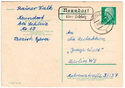 DDR 1962, Landpoststempel NEUNDORF über Schleiz auf 10 Pf. Ganzsache.