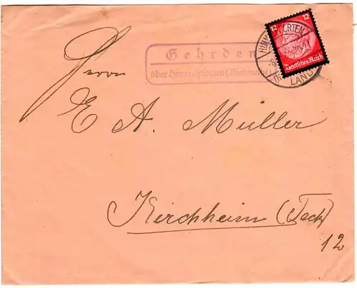 DR 1934, Landpost Stpl. GEHRDEN über Himmelpforten auf Brief m. 12 Pf.