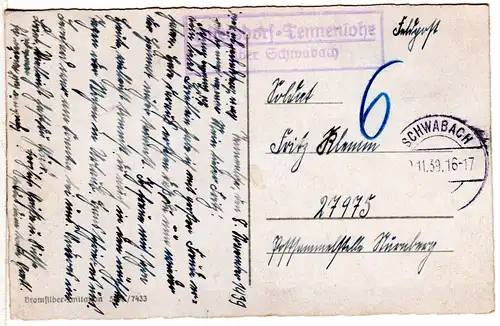 DR 1939, Landpost Stpl. OTTERSDORF-TENNENLOHE über Schwabach auf Feldpost Karte 