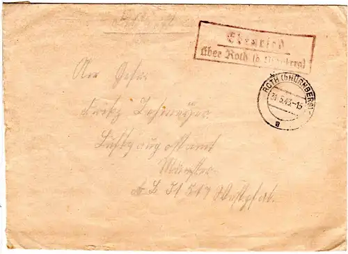 DR 1943, Landpost Stpl. EBENRIED über Roth (b. Nürnberg) auf Feldpost Brief 