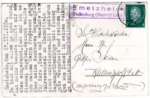 DR 1930, Landpost Stpl. EMETZHEIM Weissenburg Land auf Karte m. 8 Pf.