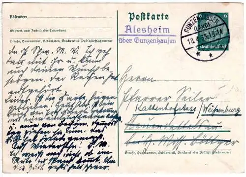 DR 1935, Landpost Stpl. ALESHEIM über Gunzenhausen auf 6 Pf. Ganzsache.