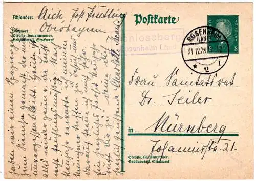 DR 1928, Landpost Stpl. SCHLOSSBERG Rosenheim Land auf 6 Pf. Ganzsache.