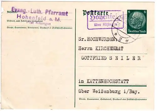 DR 1936, Landpost Stpl. HOHENFELD über Kitzingen auf 6 Pf. Ganzsache.