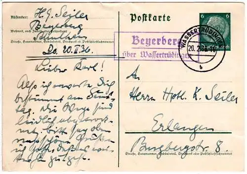 DR 1936, Landpost Stpl. BEYERBERG über Wassertrüdingen auf 6 Pf. Ganzsache.