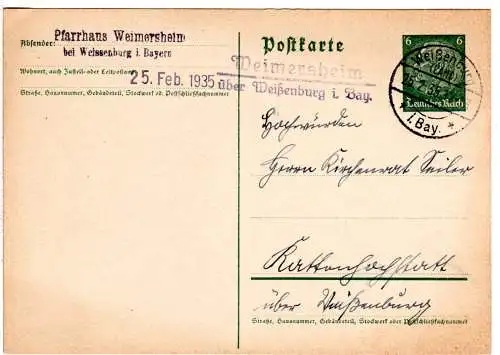 DR 1935, Landpost Stpl. WEIMERSHEIM über Weißenburg auf 6 Pf. Ganzsache.