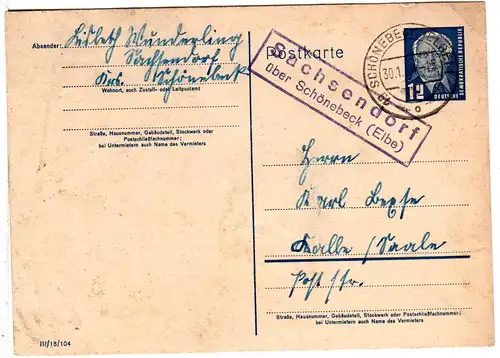 DDR 1954, Landpost Stpl. SACHSENDORF über Schönebeck auf 12 Pf. Ganzsache