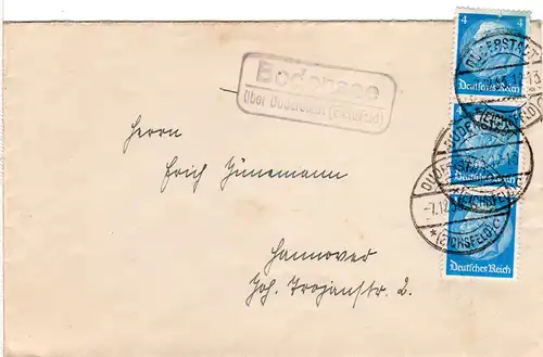 DR 1933, Landpost Stpl. BODENSEE über Duderstadt auf Brief m. 3x4 Pf.