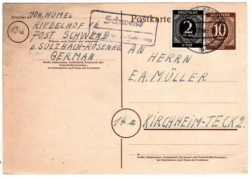1947, Landpoststempel SCHWEND über Sulzbach-Rosenberg auf Ganzsache m. Zusatzfr.