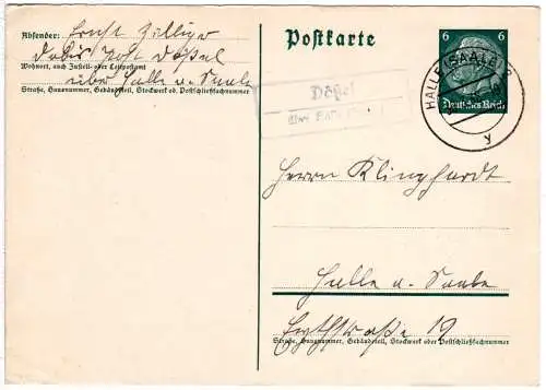 DR 1938, Landpoststempel DÖSSEL über Halle auf 6 Pf. Ganzsache