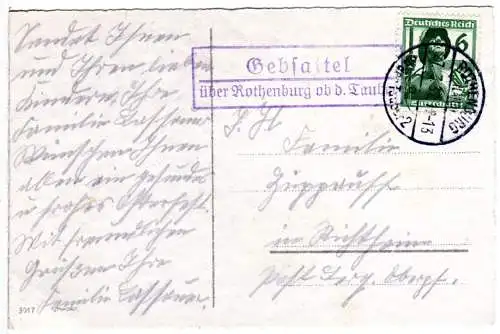 DR 1937, Landpoststempel GEBSATTEL über Rothenburg auf Karte m. 6 Pf. 