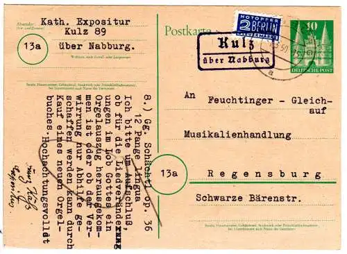 BRD 1950, Landpost Stpl. KULZ über Nabburg auf 10 Pf. Ganzsache.