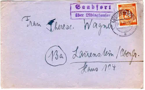 1946, Landpost Stpl. SANDFORT über Lüdinghausen auf Brief m. 24 Pfg. 