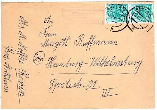DDR 1961, Landpoststempel ROSSIN über Anklam auf Brief m. 2x10 Pf. 