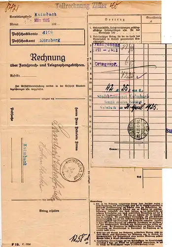DR 1925, Rechnung Telefongebühren, Postformular m. 2 Stempeln v. Kulmbach