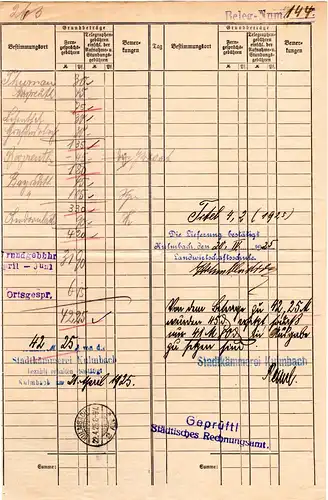 DR 1925, Rechnung Telefongebühren, Postformular m. 2 Stempeln v. Kulmbach