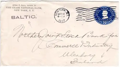 USA 1907, 5C. Ganzsache Brief v. New York n. Finnland m. Schiffstpl. BALTIC 