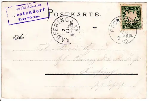 Bayern 1900, Posthilfstelle WESTENDORF Taxe Pforzen auf Karte m. 5 Pf.
