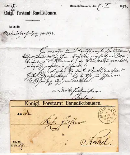 Bayern 1892, K1 BENEDIKTBEUERN auf Forstamt Vordruck Brief n. Kochel 