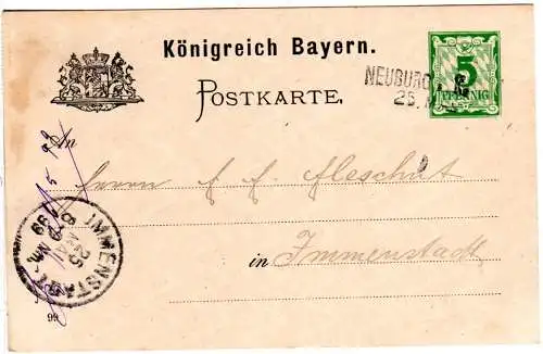 Bayern 1899, L2-Aushilfsstempel NEUBURG a. Ka. klar auf 5 Pf. Ganzsache