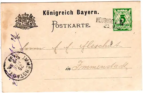 Bayern 1899, L2-Aushilfstempel NEUBURG a. Ka. klar auf 5 Pf. Ganzsache