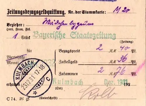 DR, Postformular Zeitungsbezugsgeldquittung m. Stempel Kulmbach c.